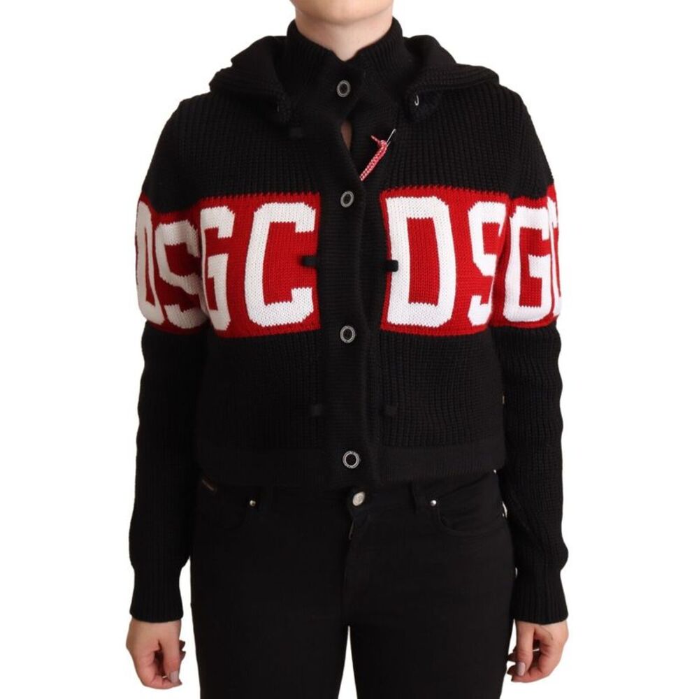 GCDS Black Cashmere Hooded Button Down Logo Cardigan Women's Jacket